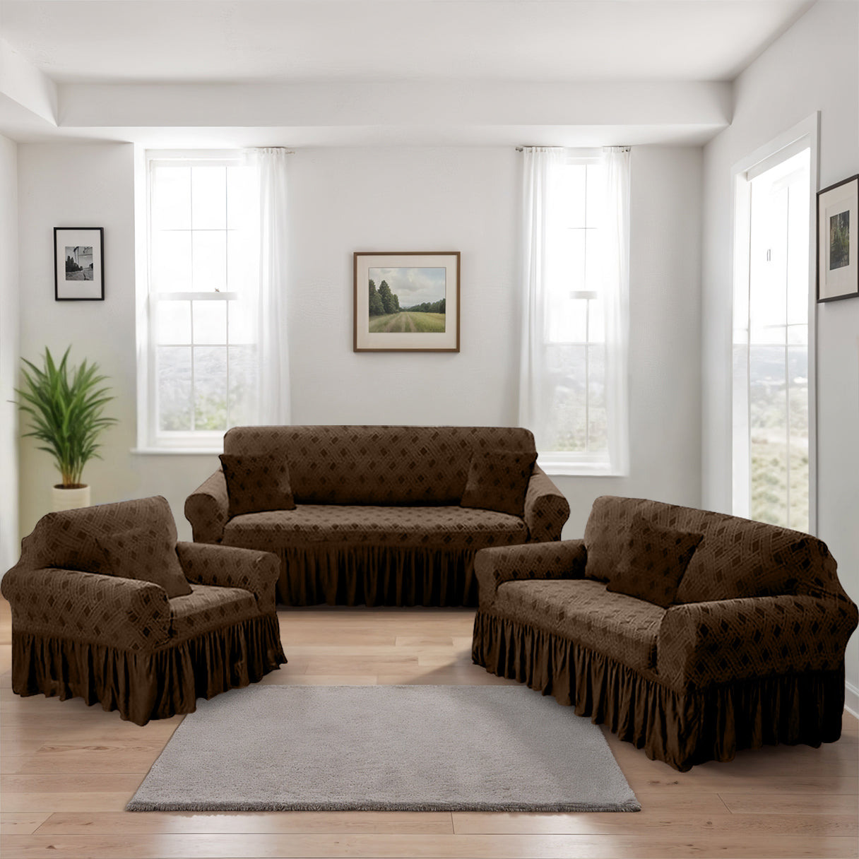 Juego Forro Muebles 3+2+1 con Revuelo y Fundas para Cojines