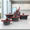 Set de Ollas Antiadherentes BMN Collection 10 Piezas con Tapas de Vidrio - Negro/Rojo
