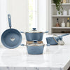 Juego de Ollas Antiadherente 7 Piezas Epicure con Tapa de Vidrio y Mango Suave - Azul Claro Granito
