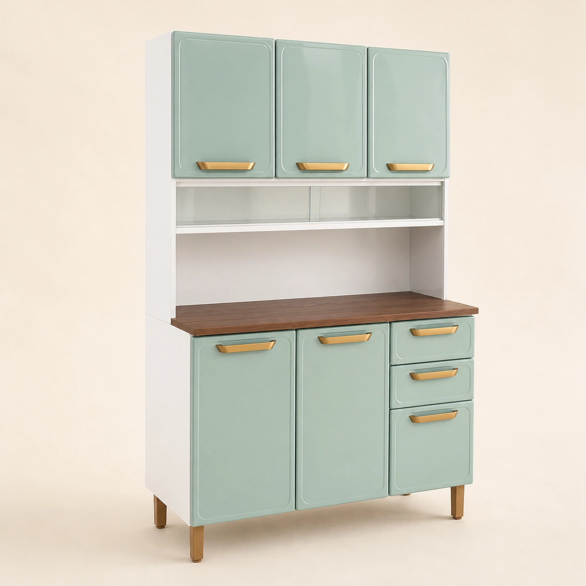 Alacena de cocina Bertolini en verde menta y blanco, con tablero de madera, ambientada en un espacio interior