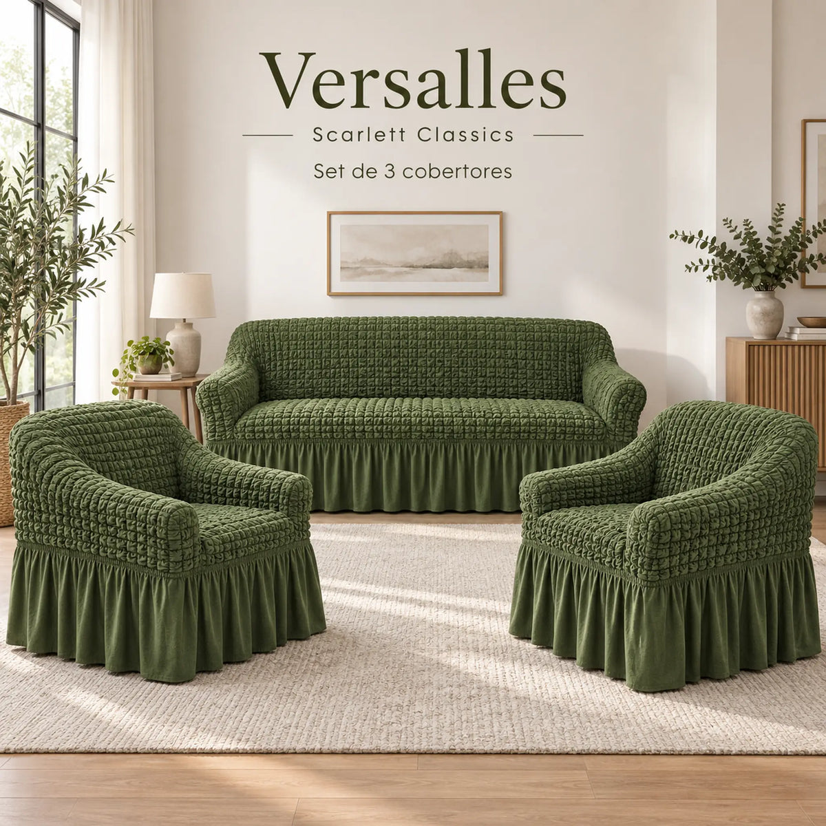 Set de cobertores Versalles color Verde Oliva, vista del set completo