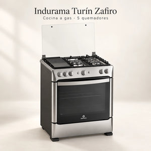 Cocina a Gas Indurama Turín Zafiro, portada del producto con tapa de vidrio abierta