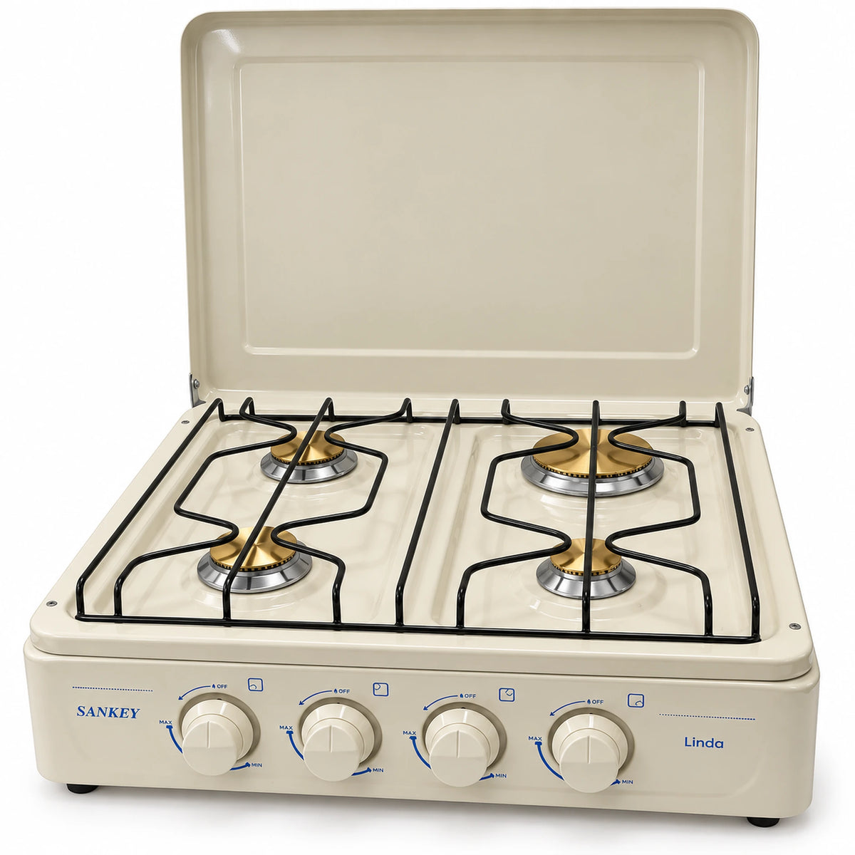 Cocina a gas Sankey Linda con la tapa abierta mostrando sus cuatro quemadores