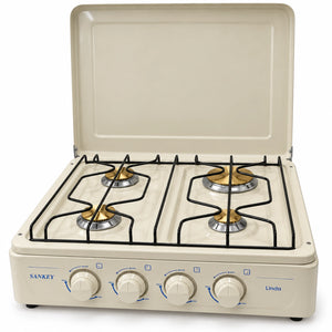 Cocina a gas Sankey Linda con la tapa abierta mostrando sus cuatro quemadores