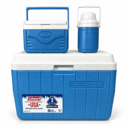 Set de hieleras Coleman de 3 piezas: hielera grande de 54 QT, hielera personal y termo, color azul