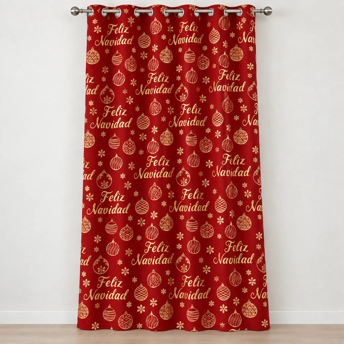Cortina navideña Pasión Guajira Elfo roja con letras Feliz Navidad doradas – vista principal