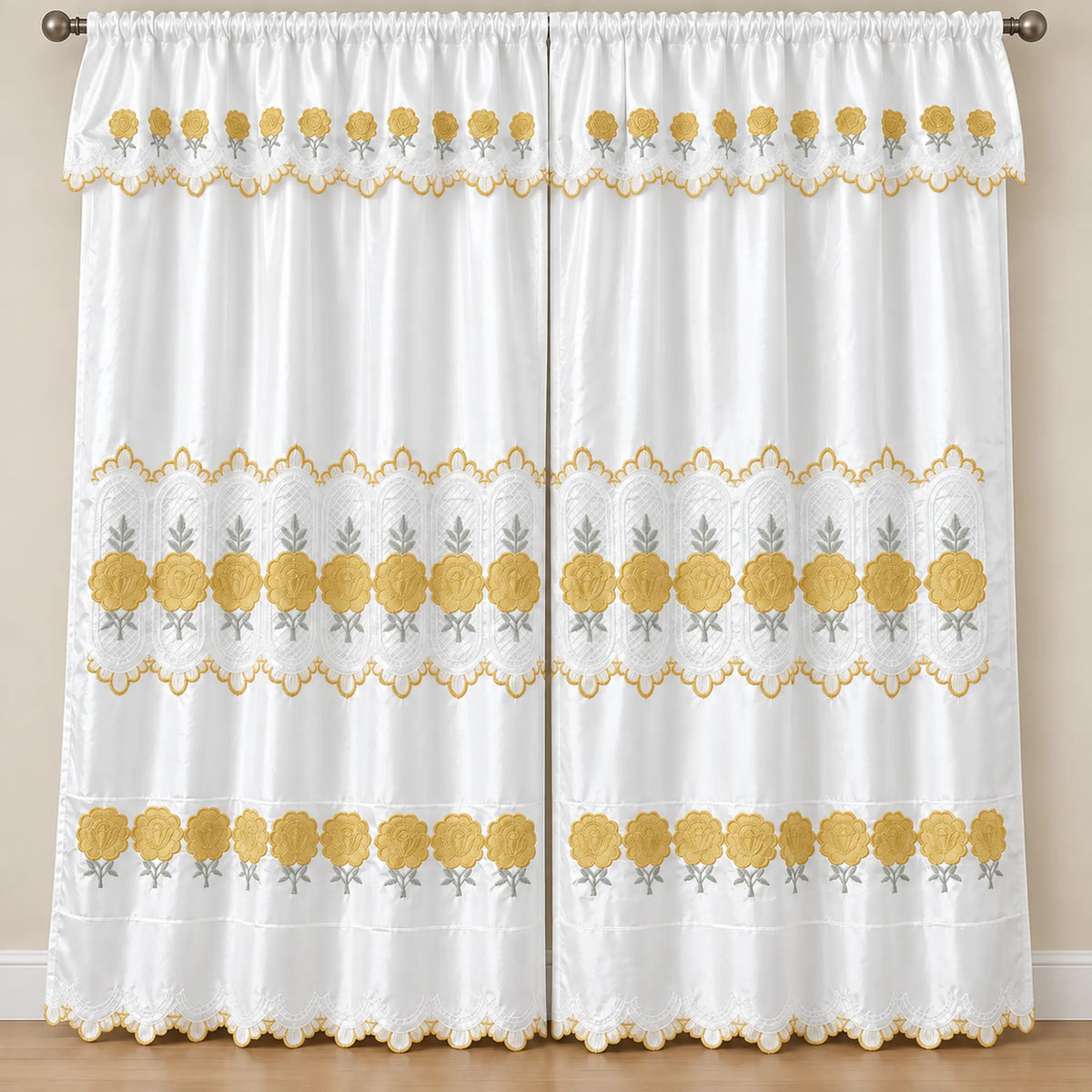 Par de cortinas blancas bordadas satinadas con cenefa, bordado dorado – vista principal