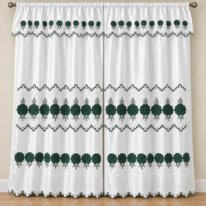 Par de cortinas blancas bordadas satinadas con cenefa, bordado verde esmeralda – vista principal