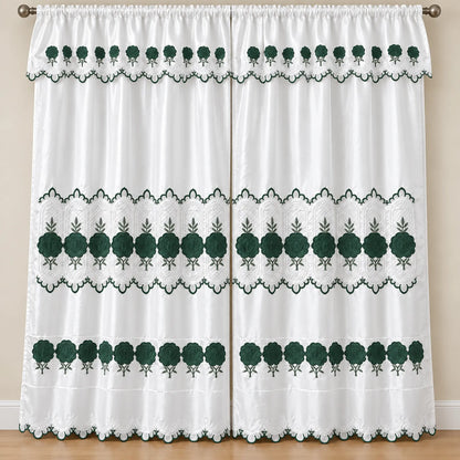 Par de cortinas blancas bordadas satinadas con cenefa, bordado verde esmeralda – vista principal