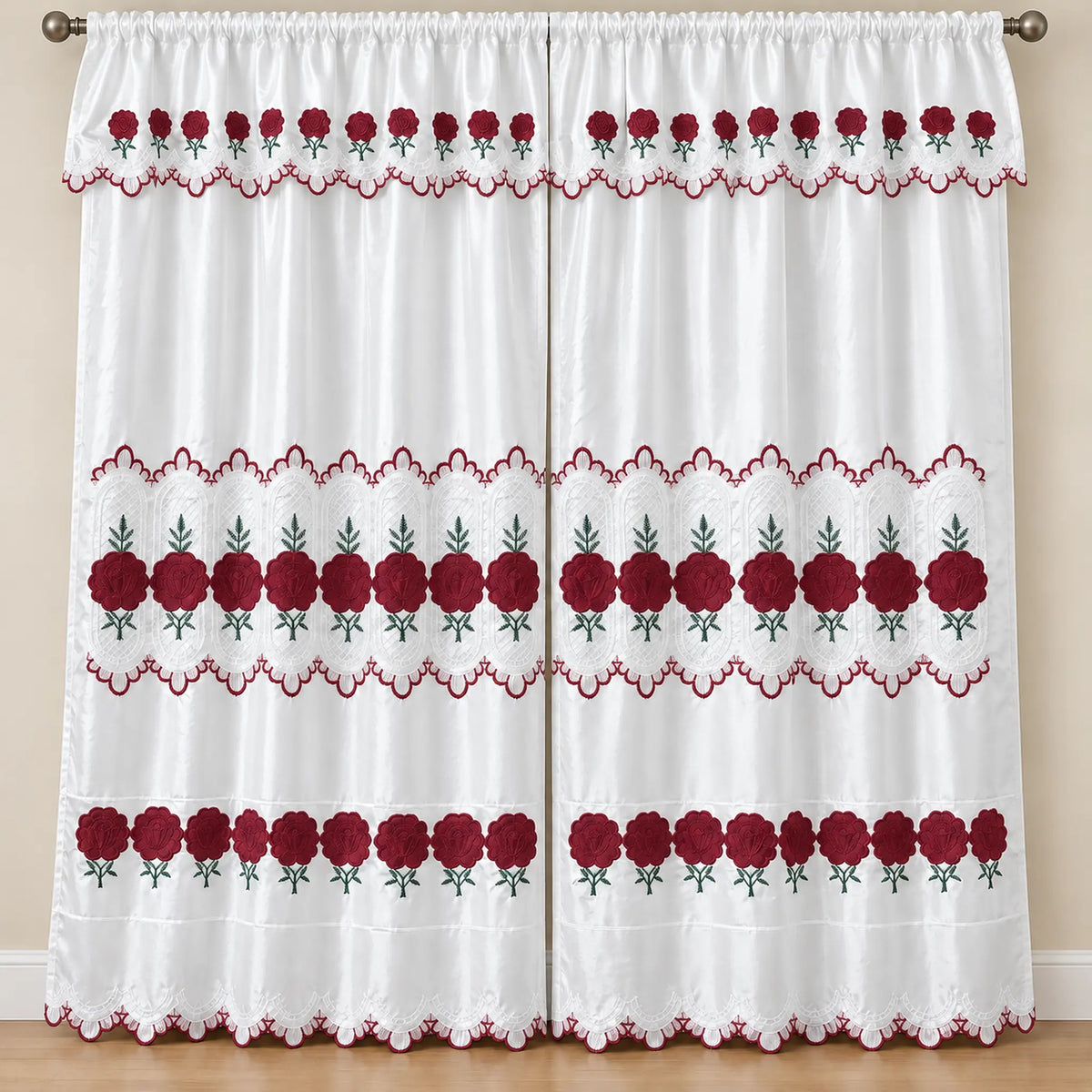 Par de cortinas blancas bordadas satinadas con cenefa, bordado rojo vino – vista principal