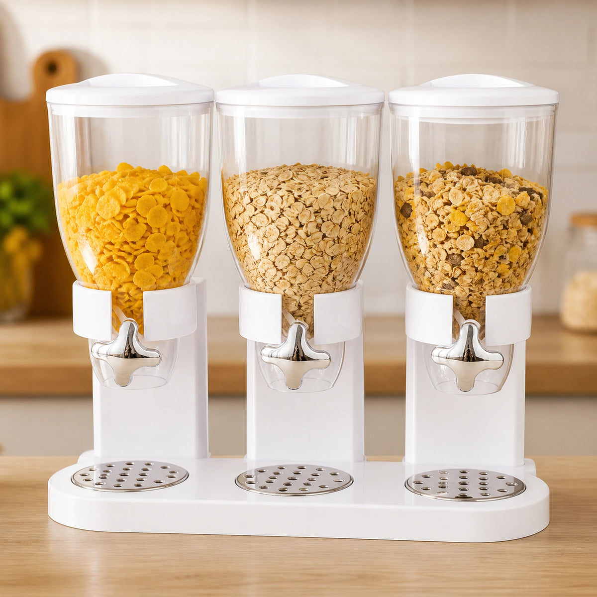 Dispensador de cereal triple en blanco, con tres depósitos llenos de distintos cereales, sobre una mesa de cocina
