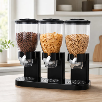 Dispensador de cereal triple en negro, con tres depósitos llenos de distintos cereales, sobre una mesa de cocina