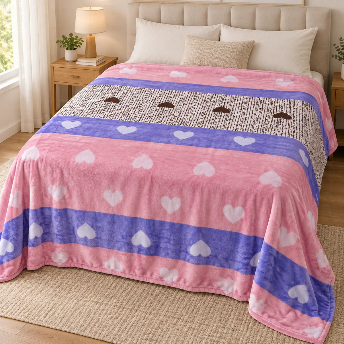 Frazada estampada afelpada 200 x 240 cm, diseño Corazones Multicolor – vista principal sobre la cama