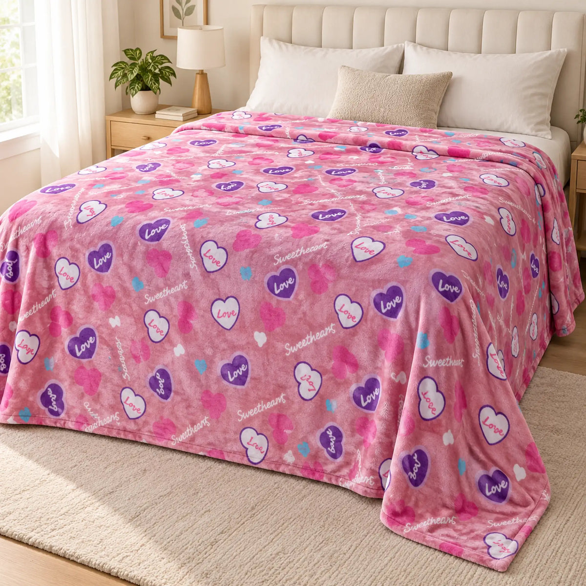 Frazada estampada afelpada 200 x 240 cm, diseño Corazones Rosa – vista principal sobre la cama