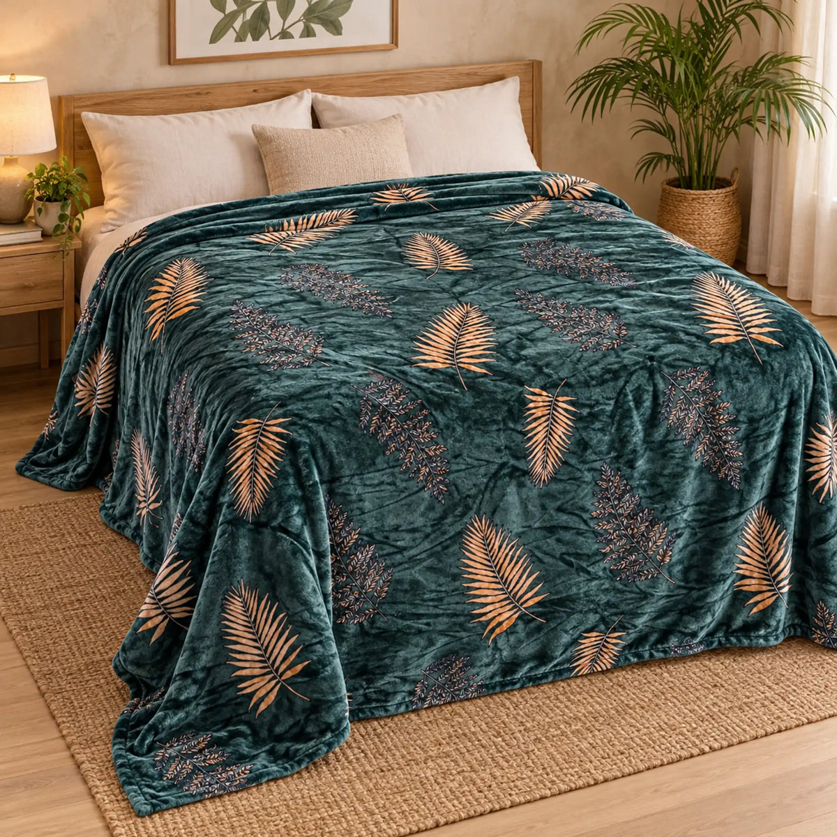 Frazada estampada afelpada 200 x 240 cm, diseño Hojas Tropicales Verde – vista principal sobre la cama