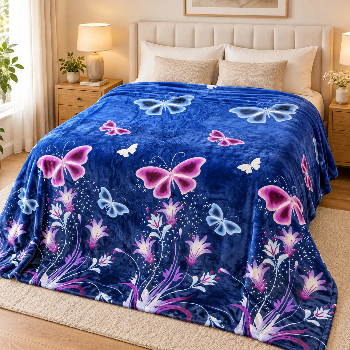 Frazada estampada afelpada 200 x 240 cm, diseño Mariposas Azul Marino – vista principal sobre la cama