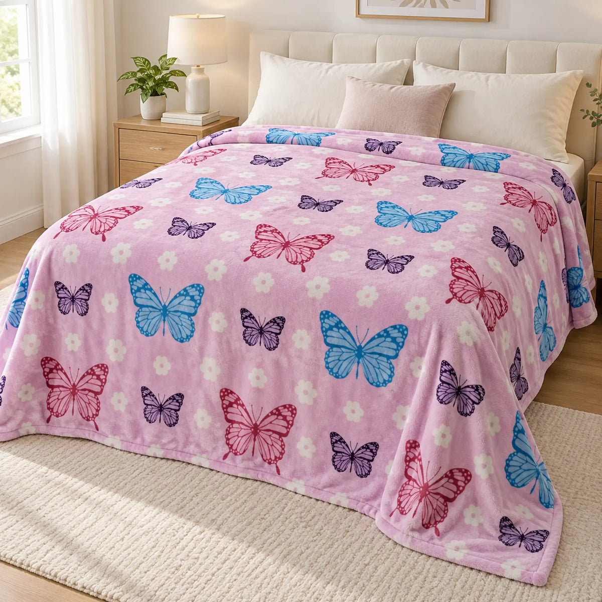 Frazada estampada afelpada 200 x 240 cm, diseño Mariposas Rosa – vista principal sobre la cama