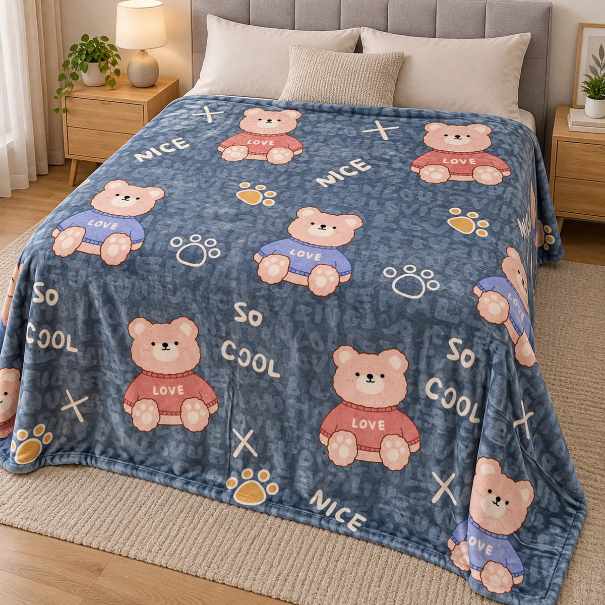 Frazada estampada afelpada 200 x 240 cm, diseño Ositos Azul – vista principal sobre la cama