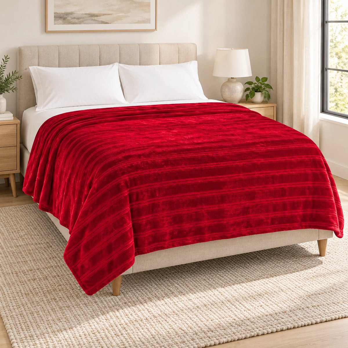 Frazada full roja de 180 x 220 cm con rayas en relieve – vista principal