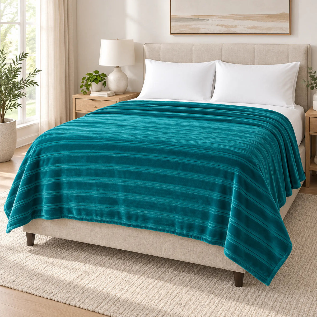 Frazada full turquesa de 180 x 220 cm con rayas en relieve – vista principal
