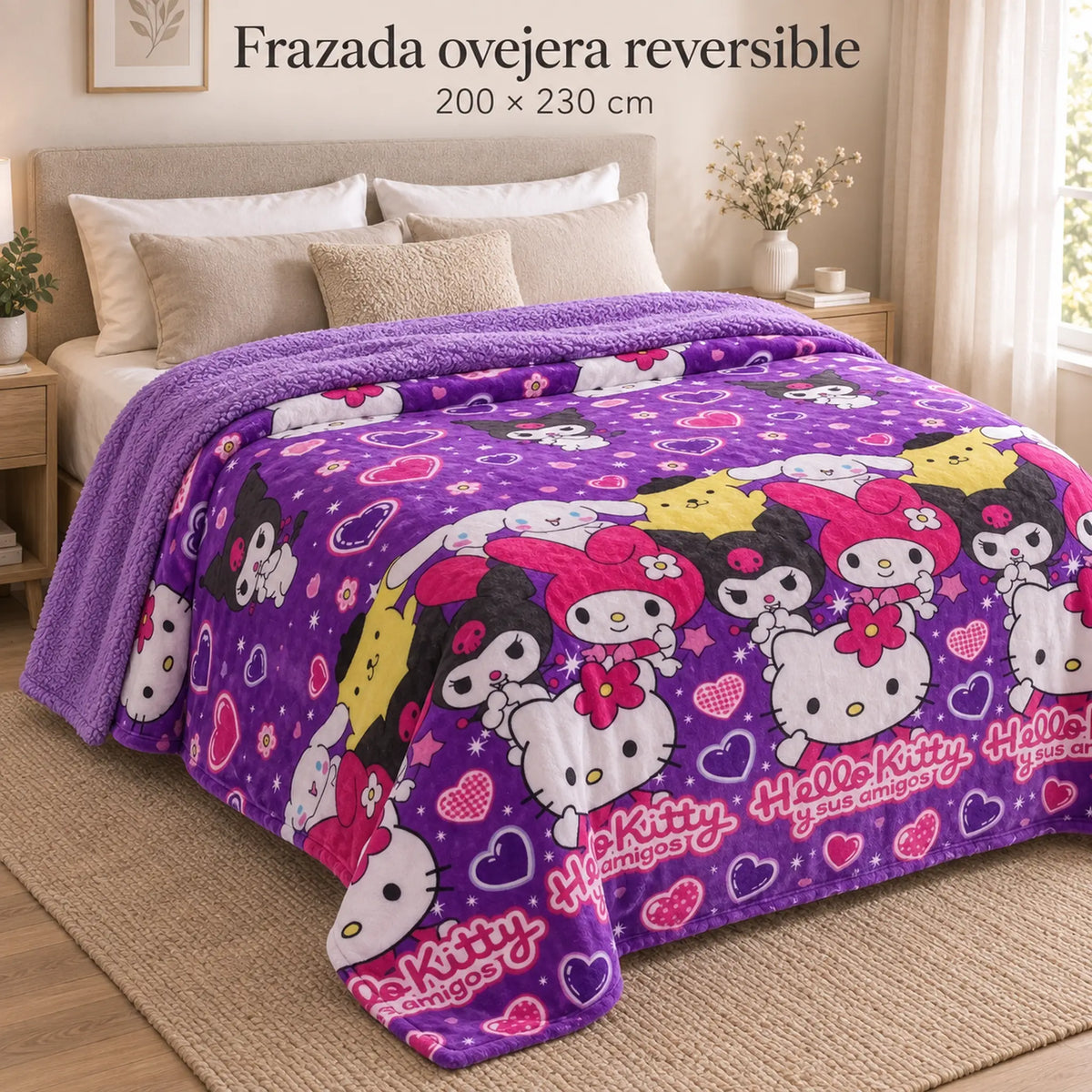 Frazada reversible piel de oveja, diseño Hello Kitty, vista principal en el dormitorio