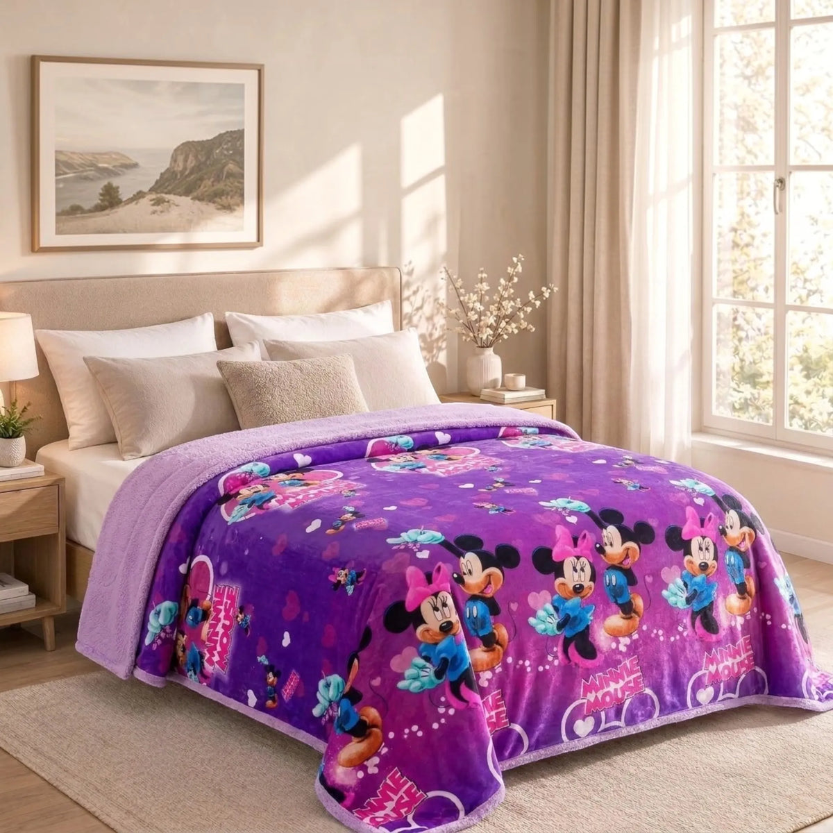 Frazada reversible piel de oveja, diseño Mickey & Minnie, vista principal en el dormitorio