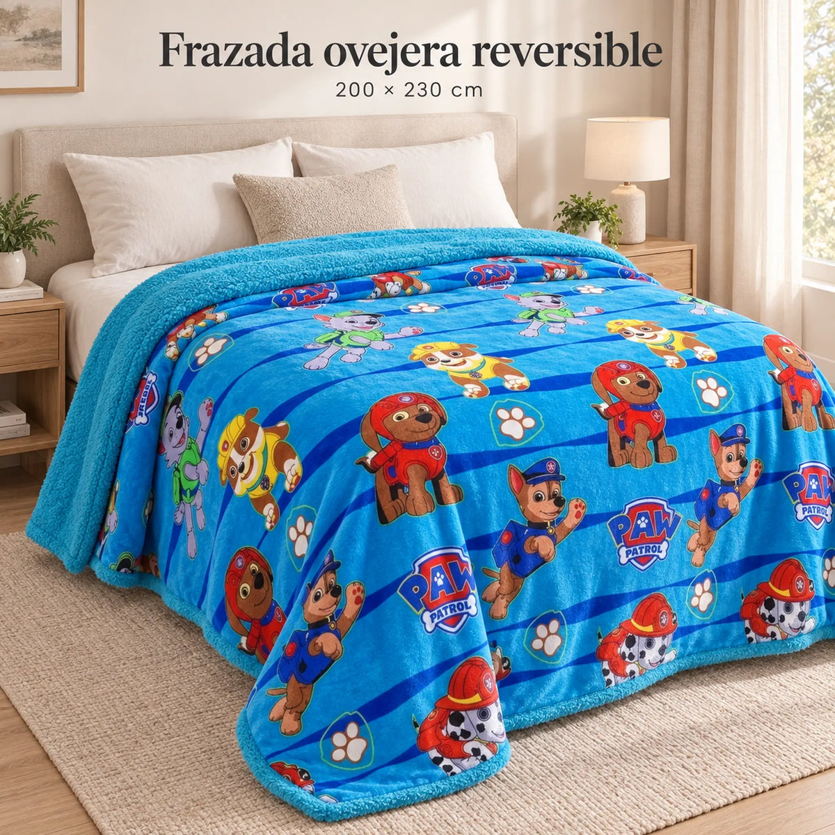 Frazada reversible piel de oveja, diseño Paw Patrol, vista principal en el dormitorio