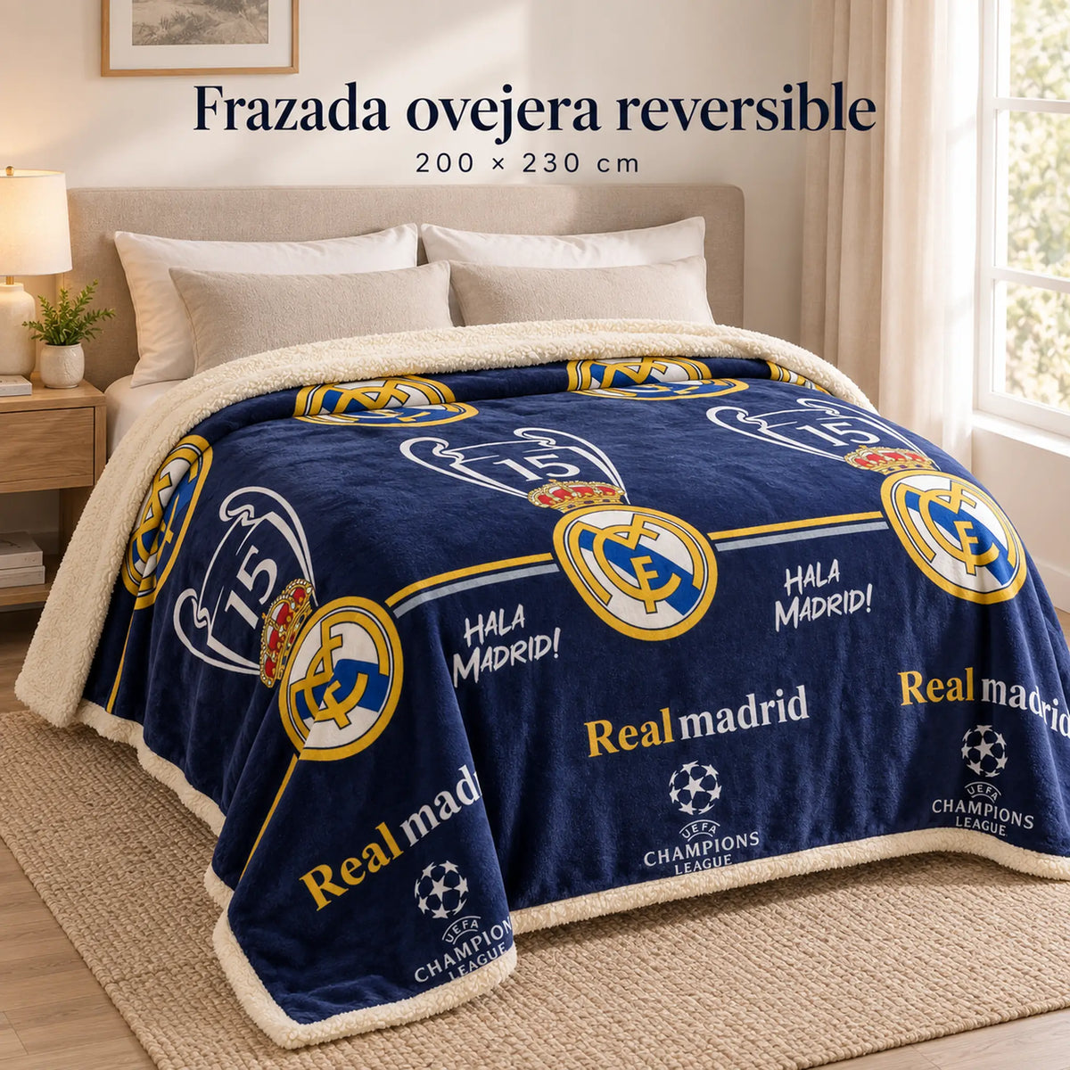 Frazada reversible piel de oveja, diseño Real Madrid, vista principal en el dormitorio