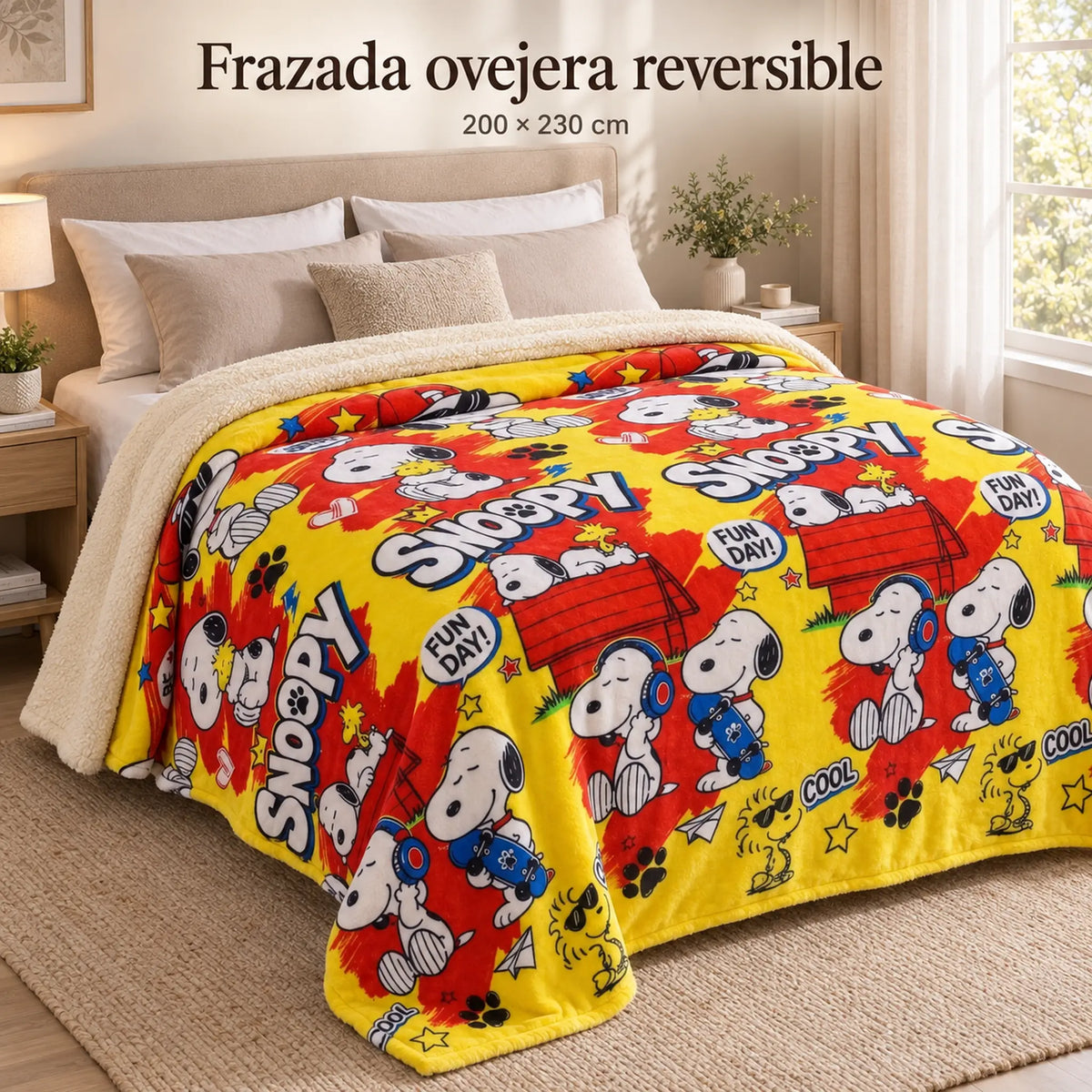 Frazada reversible piel de oveja, diseño Snoopy, vista principal en el dormitorio