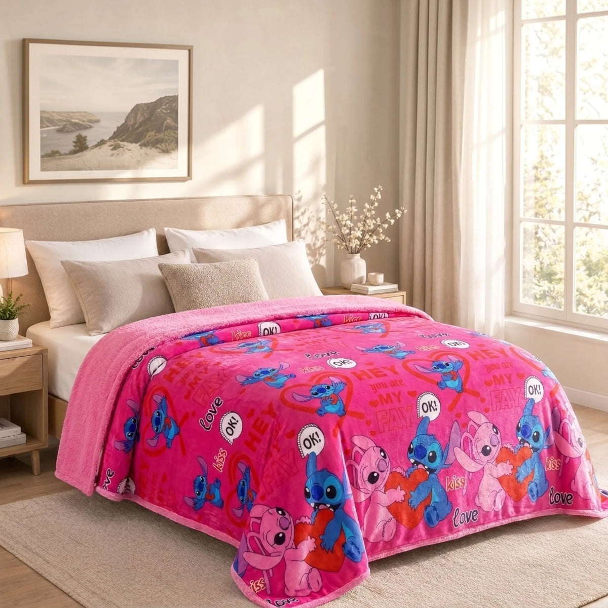Frazada reversible piel de oveja, diseño Stitch & Angel, vista principal en el dormitorio