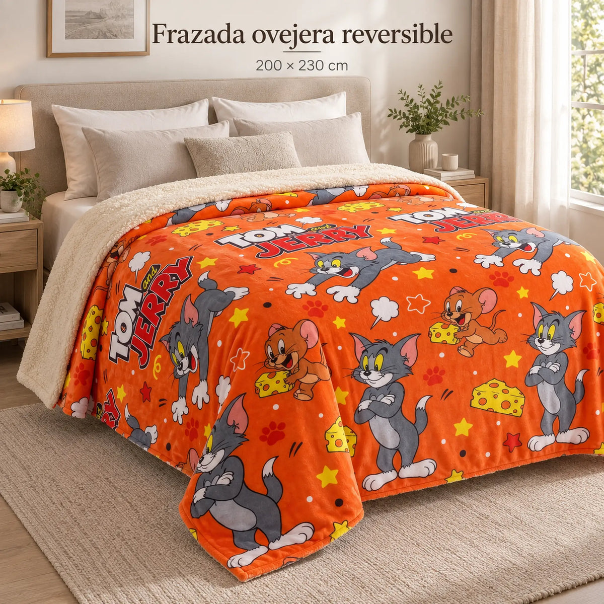 Frazada reversible piel de oveja, diseño Tom & Jerry, vista principal en el dormitorio