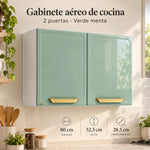Gabinete aéreo de cocina metálico Bertolini de 2 puertas en verde menta con jaladeras doradas