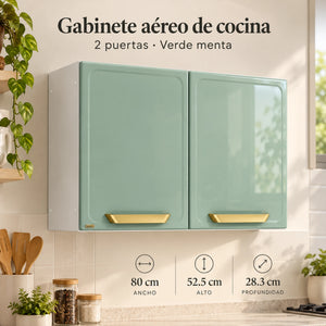 Gabinete aéreo de cocina metálico Bertolini de 2 puertas en verde menta con jaladeras doradas