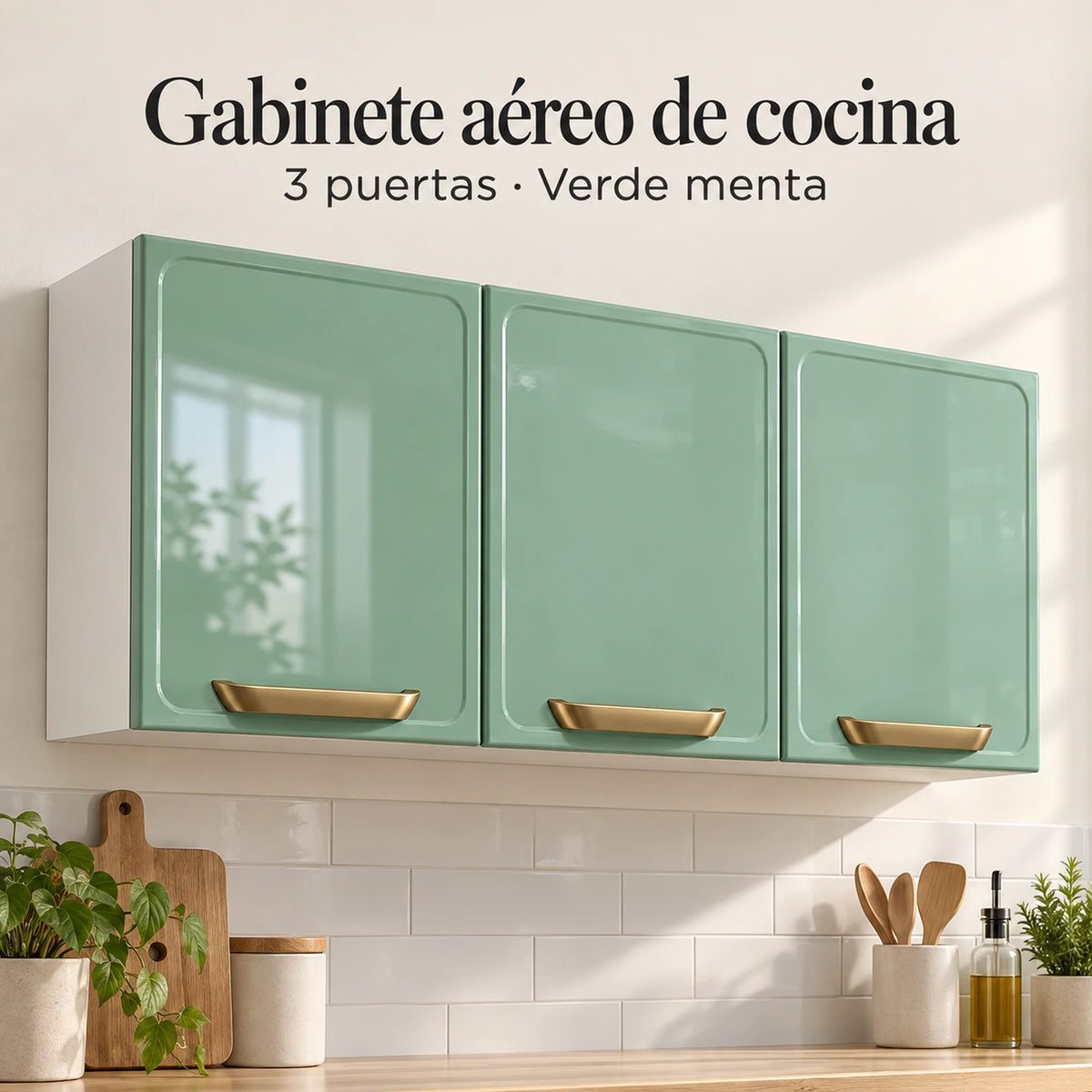 Gabinete aéreo de cocina metálico Bertolini de 3 puertas en verde menta con jaladeras doradas