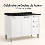 Gabinete de cocina de acero 120 cm – vista principal, blanco con tablero granito negro