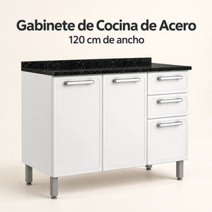 Gabinete de cocina de acero 120 cm – vista principal, blanco con tablero granito negro