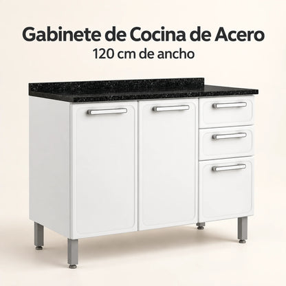 Gabinete de cocina de acero 120 cm – vista principal, blanco con tablero granito negro