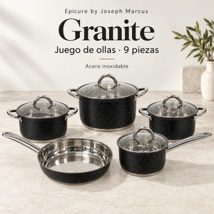 Batería de cocina Epicure Granite de 9 piezas, vista principal del set completo