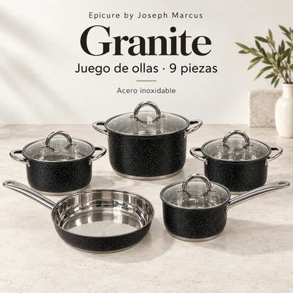 Batería de cocina Epicure Granite de 9 piezas, vista principal del set completo