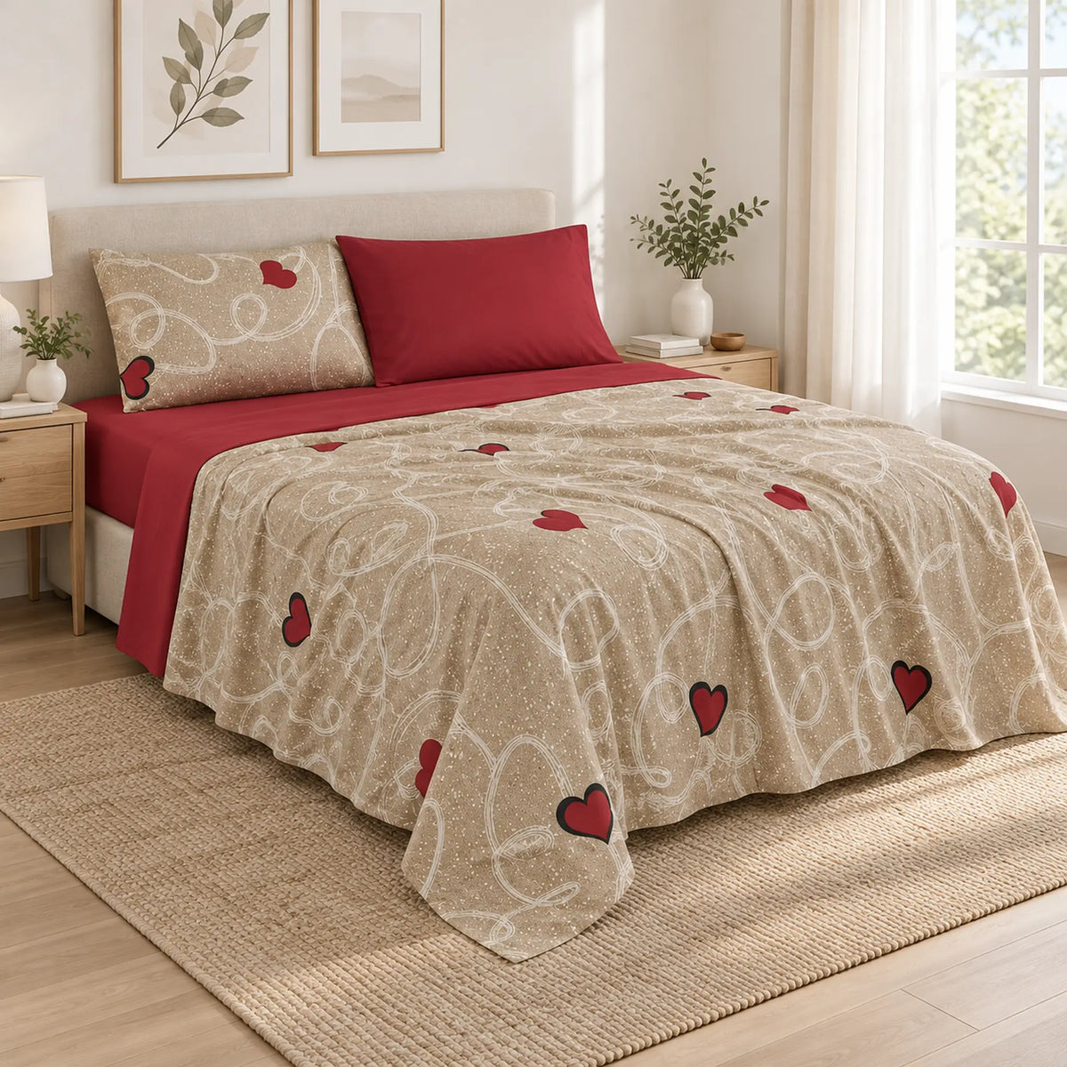 Juego de sábanas 4 piezas estampado beige con corazones – vista principal