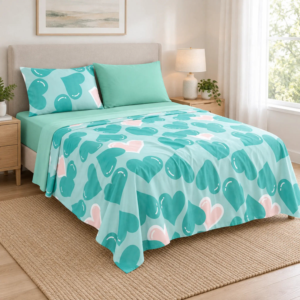 Juego de sábanas 4 piezas estampado verde menta con corazones – vista principal