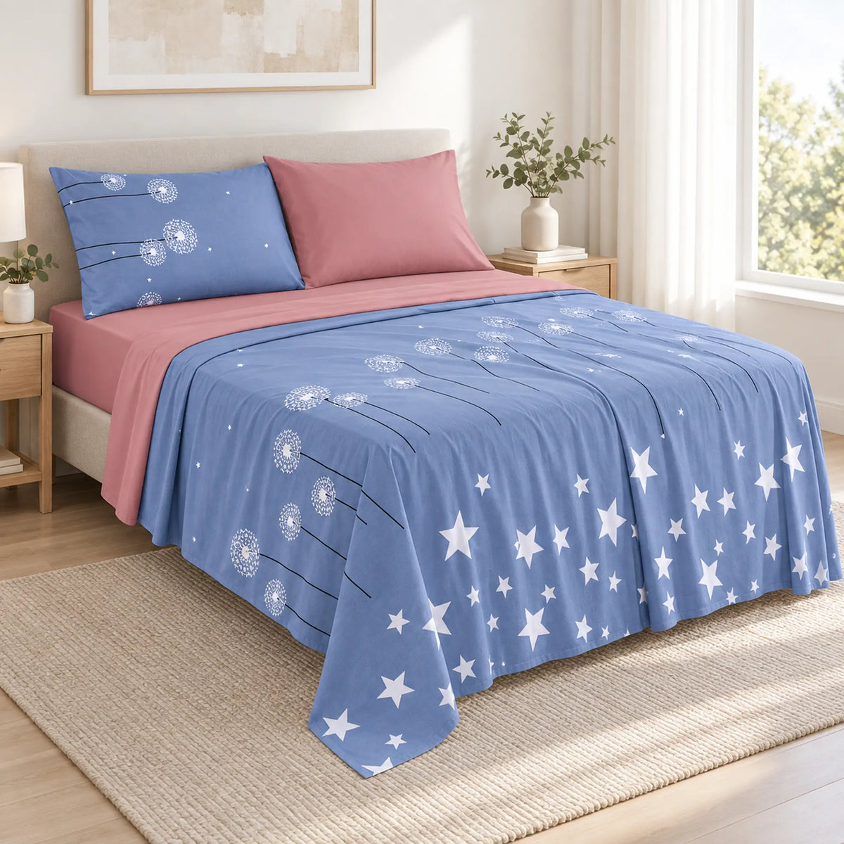 Juego de sábanas 4 piezas estampado azul con estrellas y dientes de león – vista principal