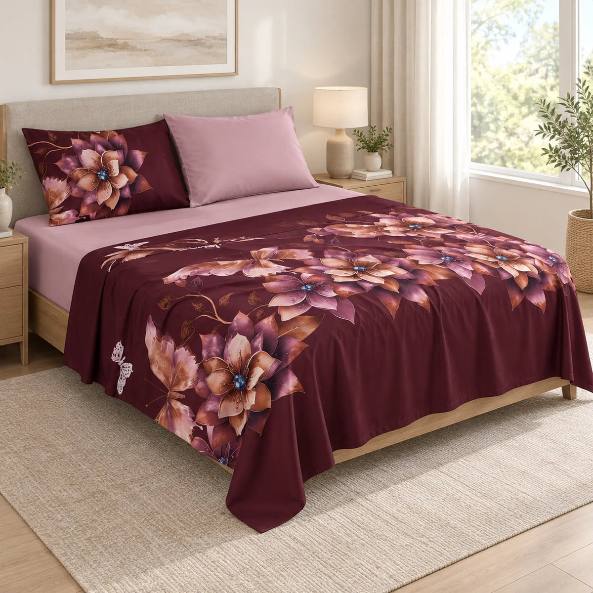 Juego de sábanas 4 piezas estampado color vino con flores – vista principal