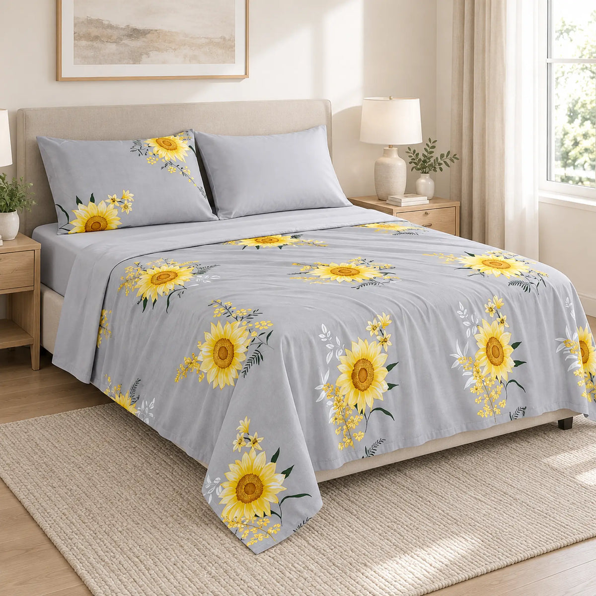 Juego de sábanas 4 piezas estampado gris con girasoles – vista principal