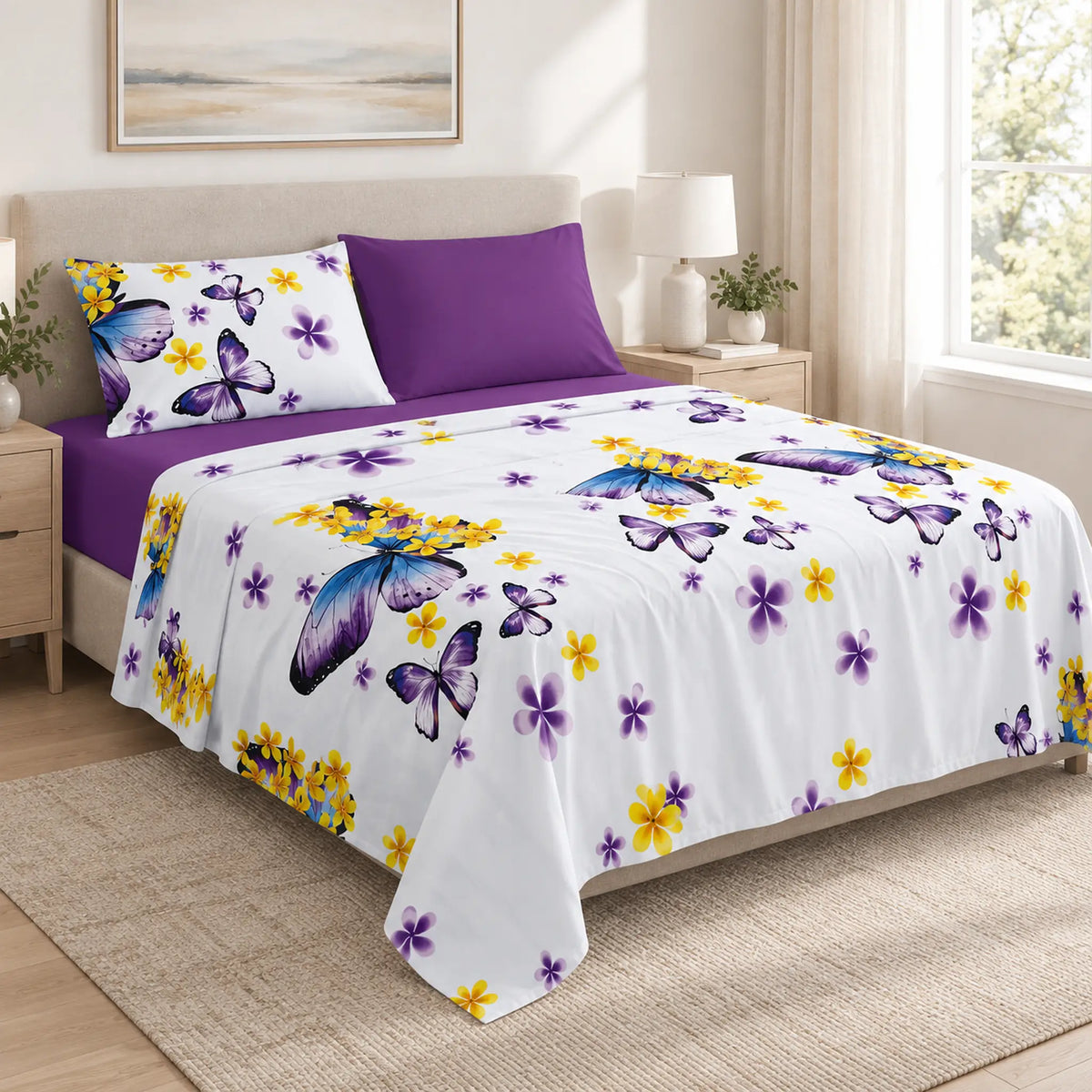 Juego de sábanas 4 piezas estampado morado con mariposas – vista principal