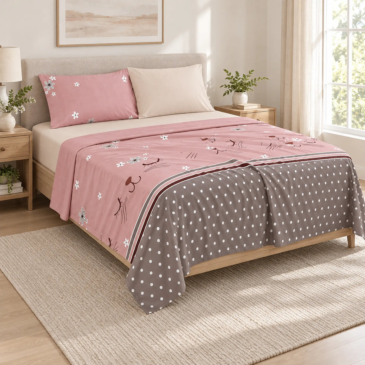 Juego de sábanas 4 piezas estampado rosa con gatito – vista principal