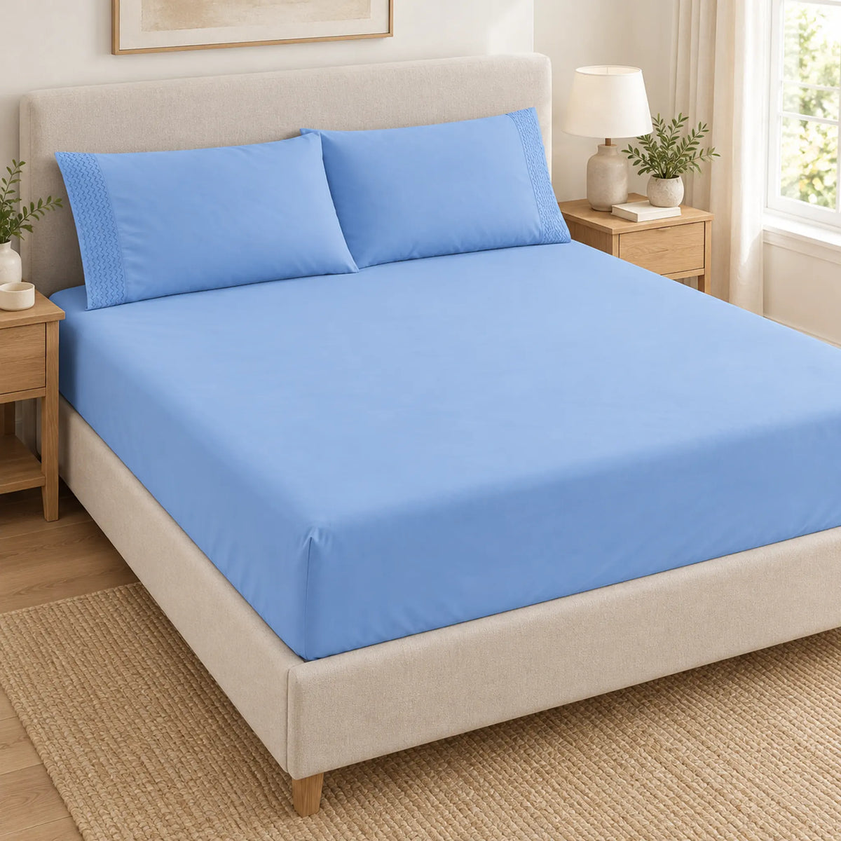 Forro ajustable liso con 2 sobrefundas bordadas, color Celeste – forro ajustable y 2 sobrefundas en la cama