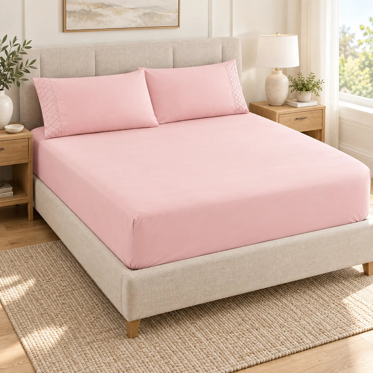 Forro ajustable liso con 2 sobrefundas bordadas, color Rosa Claro – forro ajustable y 2 sobrefundas en la cama