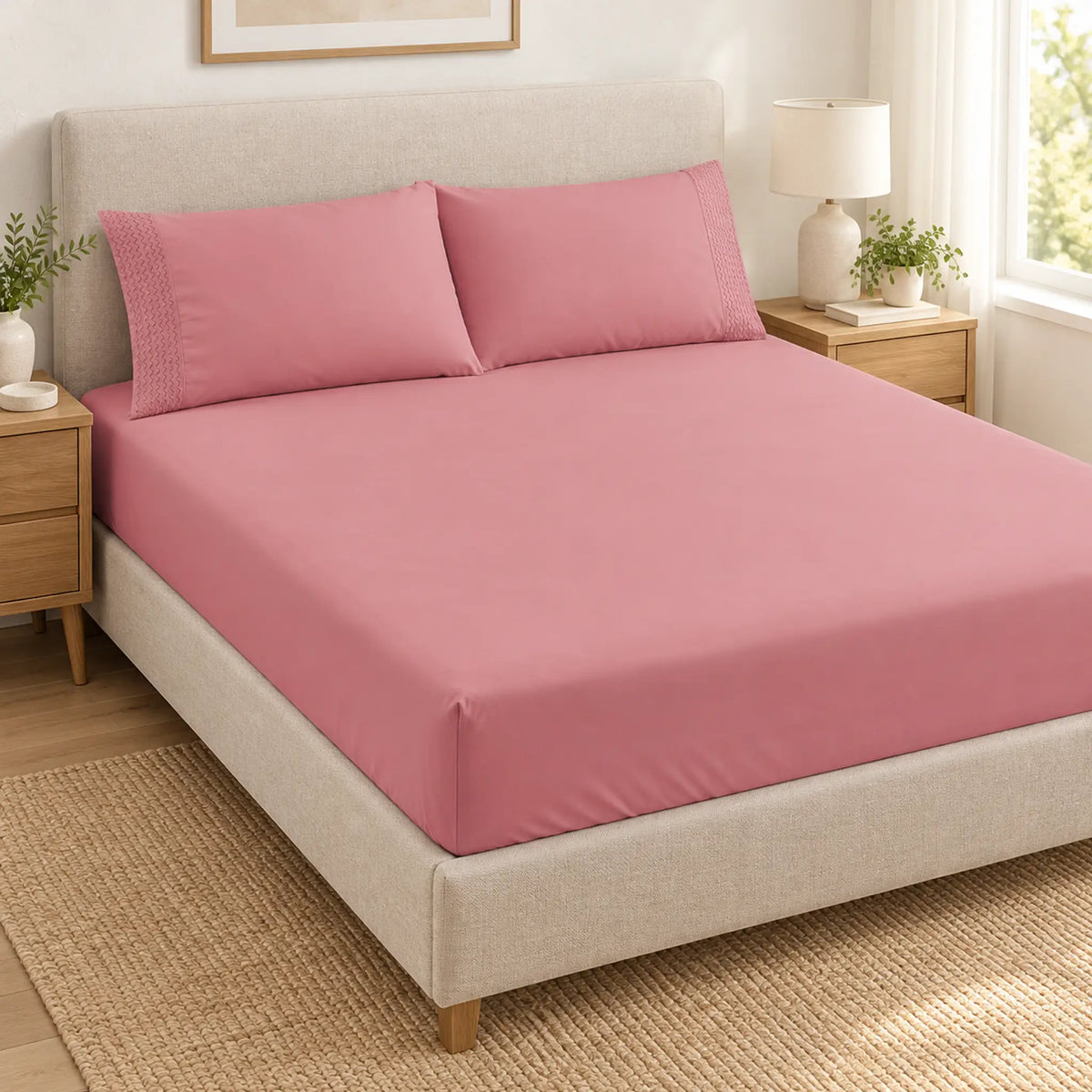 Forro ajustable liso con 2 sobrefundas bordadas, color Rosa Viejo – forro ajustable y 2 sobrefundas en la cama