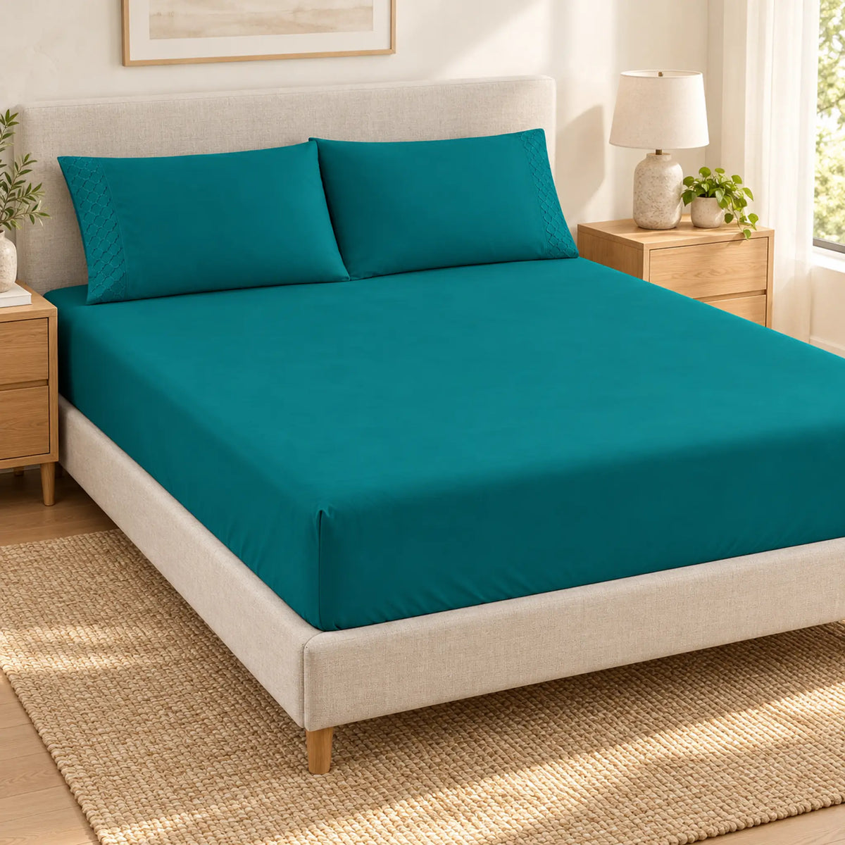 Forro ajustable liso con 2 sobrefundas bordadas, color Verde Petróleo – forro ajustable y 2 sobrefundas en la cama